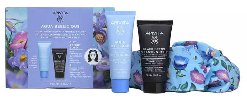 Apivita Ннабор "Аква Билишес" Легкий крем-гель 40мл + Блэк детокс 50мл + повязка/ косметика/ (Apivita, Aqua Beelicious)