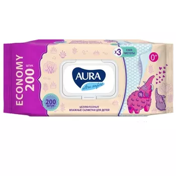 Aura Влажные целлюлозные салфетки для детей Ultra Comfort в упаковке с крышкой 0+, 200 шт (Aura, Гигиена)