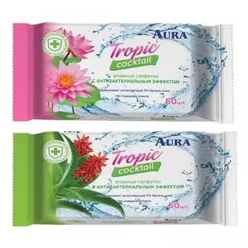 Aura Влажные салфетки с антибактериальным эффектом Tropic cocktail, 60 шт. (Aura, Влажные салфетки)