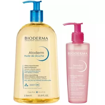 Bioderma Набор для комплексного ухода (масло для душа, 1 л + очищающий гель, 200 мл) (Bioderma, Atoderm)