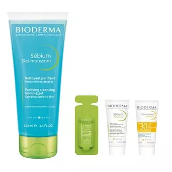Bioderma Набор (гель для умывания 100 мл + лосьон 10 мл + гель-крем Керато+ 5 мл + матирующая эмульсия AKN SPF 30, 5 мл) (Bioderma, Sebium)