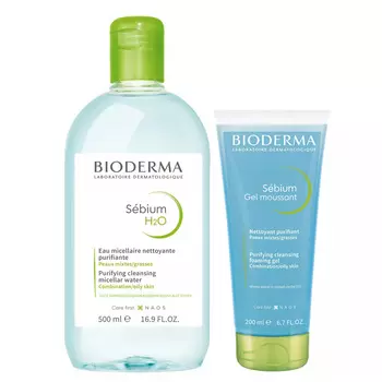Bioderma Набор Sebium (Очищающая мицеллярная вода Себиум H2O, 500 мл + Очищающий гель-мусс без помпы Себиум, 200 мл) (Bioderma, Sebium)