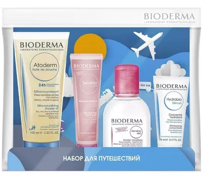 Bioderma Набор Travel (Мицеллярная вода Сенсибио Н2О, 100 мл + Масло Атодерм, 100 мл + Очищающий гель Сенсибио, 45 мл + Сыворотка Гидрабио, 15 мл) (Bioderma, Sensibio)