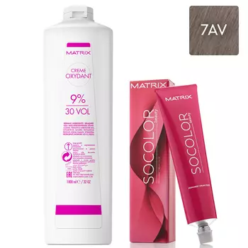 Matrix Набор Перманентный краситель Socolor beauty 7AV, 90 мл + Крем-оксидант 9% (30 Vol.), 1000 мл (Matrix, Окрашивание)