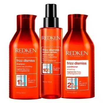 Redken Набор Frizz Dismiss для дисциплины непослушных волос (Шампунь, 300 мл + Кондиционер, 300 мл + Масло-сыворотка, 125 мл) (Redken, Уход за волосами)