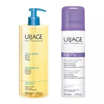 Uriage Набор для гигиены (Очищающее пенящееся масло, 500 мл + Очищающая дымка-спрей для интимной гигиены, 50 мл) (Uriage, Интимная гигиена)