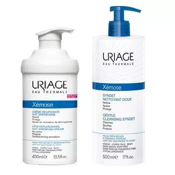Uriage Набор Ксемоз (Крем липидовосстанавливающий против раздражений, 400 мл + Мягкий очищающий пенящийся гель Синдет, 500 мл) (Uriage, Xemose)