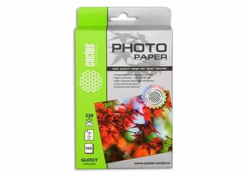 Бумага белый Cactus 10x15/230г/м2/100л./белый глянцевое, CS-GA6230100