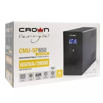 ИБП CROWN 650VA/390W, корпус металл, 1x12V/7AH, выходные розетки 6*IEC С13, трансформатор AVR 140-290V, cъёмный кабель