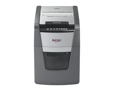 Шредер Rexel Optimum AutoFeed 100M черный с автоподачей (секр.P-5)/фрагменты/100лист./34лтр./скрепки/скобы/пл.карты