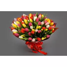 Букет 101 тюльпан Разноцветная заря