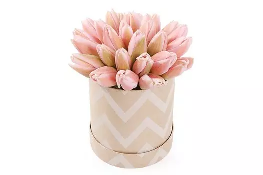 Букет 25 королевский тюльпан в коробке, жемчужные