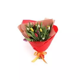 Букет 25 тюльпанов в красной бумаге, микс