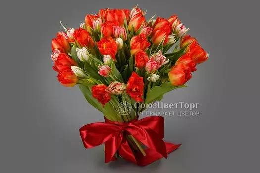 Букет 51 тюльпан, красно-розовые