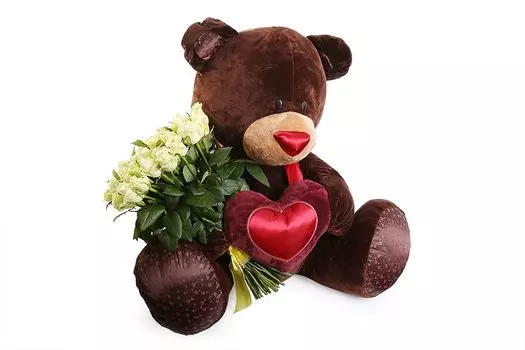 Букет Мишка с розами (белые)