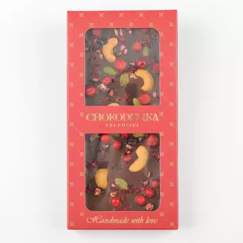 Шоколад темный Брусника, вишня, кешью с украшением (100г)
