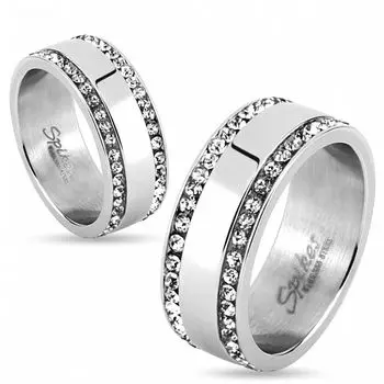 Кольцо стальное с двумя дорожками цирконов по краям