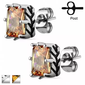 Серьги двухцветные с прямоугольным камнем