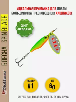 Блесна вращающаяся для рыбалки Mottomo Spin Blade#1 6g Fluo 46 для спиннинга. Вертушка на голавля, жереха, щуку, окуня, форель, Зеленый