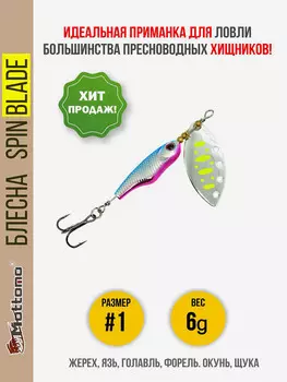 Блесна вращающаяся для рыбалки Mottomo Spin Blade #1 6g Silver 22 для спиннинга. Вертушка на голавля, жереха, щуку, окуня, форель, Серебряный