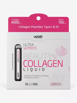 Коллаген питьевой для кожи, волос и ногтей с биотином и витаминами VPLAB Ultra Women's Beauty Collagen &amp; Biotin Liquid, 10 ампул по 10 мл, тропические фрукты, клубника и киви, Белый