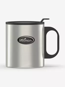 Кружка Биосталь 450 мл с пластиковой ручкой и крышкой, Серебряный