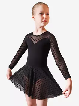 Купальник гимнастический с рукавом и юбкой из сетки-горох для девочек Dolphin Factory, Черный