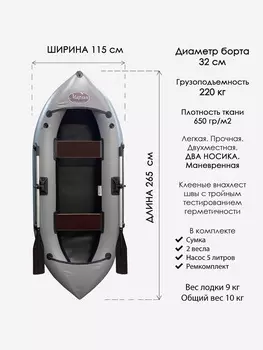 Лодка гребная Марлин 22 Уфимка двухместная, Серый