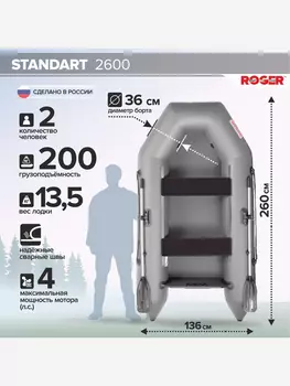 Лодка надувная ПВХ под мотор ROGER Standart 2600, лодка роджер с транцем (серый), Серый