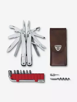 Мультиинструмент складной Victorinox SwissTool Spirit X Plus, 105 мм, 35 функций, кожаный чехол, Серебряный