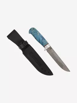 Нож Златоустовский оружейный завод Лиса (нержавеющая дамасская сталь дикии, кап клена стабилизированный/ал.) нож для туризма, Голубой