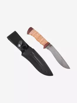 Нож Златоустовский оружейный заводь Медведь (нержавеющая дамасская сталь, береста/текст.) нож для охоты, разделочный нож, Бежевый