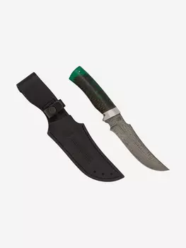 Нож Златоустовский оружейный завод Сокол (нержавеющая дамасская сталь, шишка в эпоксидке зеленая/ал.) нож для охоты, разделочный нож, Коричневый