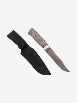 Нож Златоустовский оружейный завод Волк (нержавеющая дамасская сталь,карельская береза стабилизированная/ал.) нож для охоты, разделочный нож, Серый