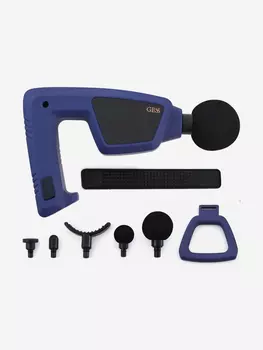 Перкуссионный беспроводной массажер GESS Hitman, массажный пистолет, ударный массажер, 7 насадок, насадка-лента, Синий