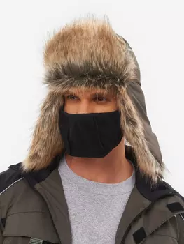 Шапка ушанка мужская зимняя меховая с маской Huntsman Евро Енот, Зеленый