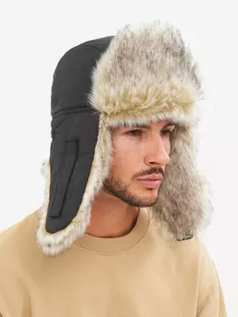 Шапка ушанка мужская зимняя меховая с маской Huntsman Евро Волк, Черный