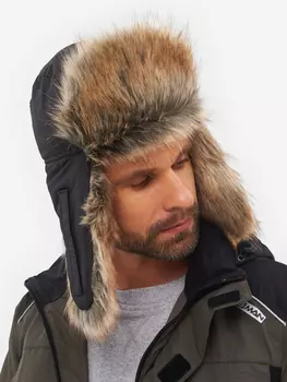 Шапка ушанка мужская зимняя меховая с маской Huntsman Евро Енот, Черный