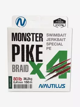Шнур Nautilus Monster Pike Braid X4 Dark Green d-0.41 36.2кг 80lb 150м, Зеленый