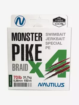 Шнур Nautilus Monster Pike Braid X4 Dark Green d-0.38 31.7кг 70lb 150м, Зеленый