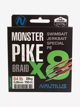 Шнур Nautilus Monster Pike Braid X8 Dark Green d-0.36 29кг 64lb 150м, Зеленый