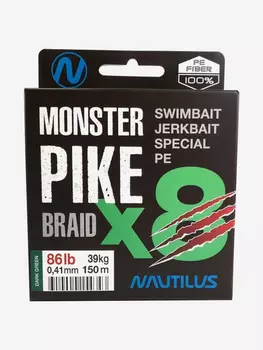 Шнур Nautilus Monster Pike Braid X8 Dark Green d-0.41 39кг 86lb 150м, Зеленый