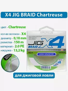 Шнур Nautilus X4 Jig Braid Chartreuse d-0.18мм 13.2кг 2,0PE 150м, Зеленый