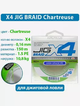 Шнур Nautilus X4 Jig Braid Chartreuse d-0.16мм 10.8кг 1,5PE 150м, Зеленый