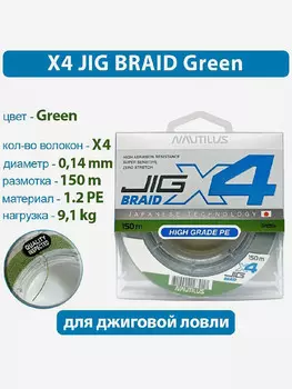 Шнур Nautilus X4 Jig Braid Green d-0.14мм 9.1кг 1,2PE 150м, Зеленый