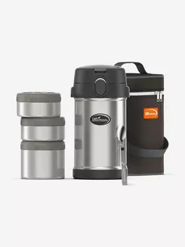 Термос для еды Биосталь 2100 мл с термочехлом, 3-мя метал.конт., ложкой, Серебряный