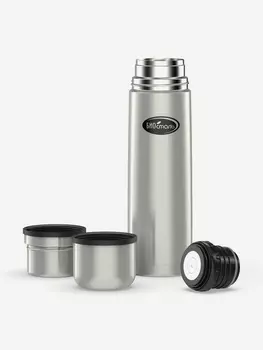 Термос для напитков Биосталь 1000 мл, 2 чашки, пробка с кнопкой, Серебряный