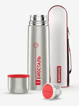 Термос для напитков Биосталь 1000 мл с чехлом, Серебряный