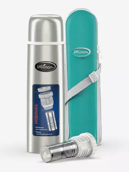 Термос для напитков Биосталь 1000 мл, с ситечком и чехлом, Серебряный