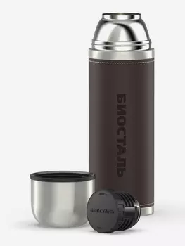 Термос для напитков Биосталь Охота 1000 мл с кожаной вставкой, Коричневый